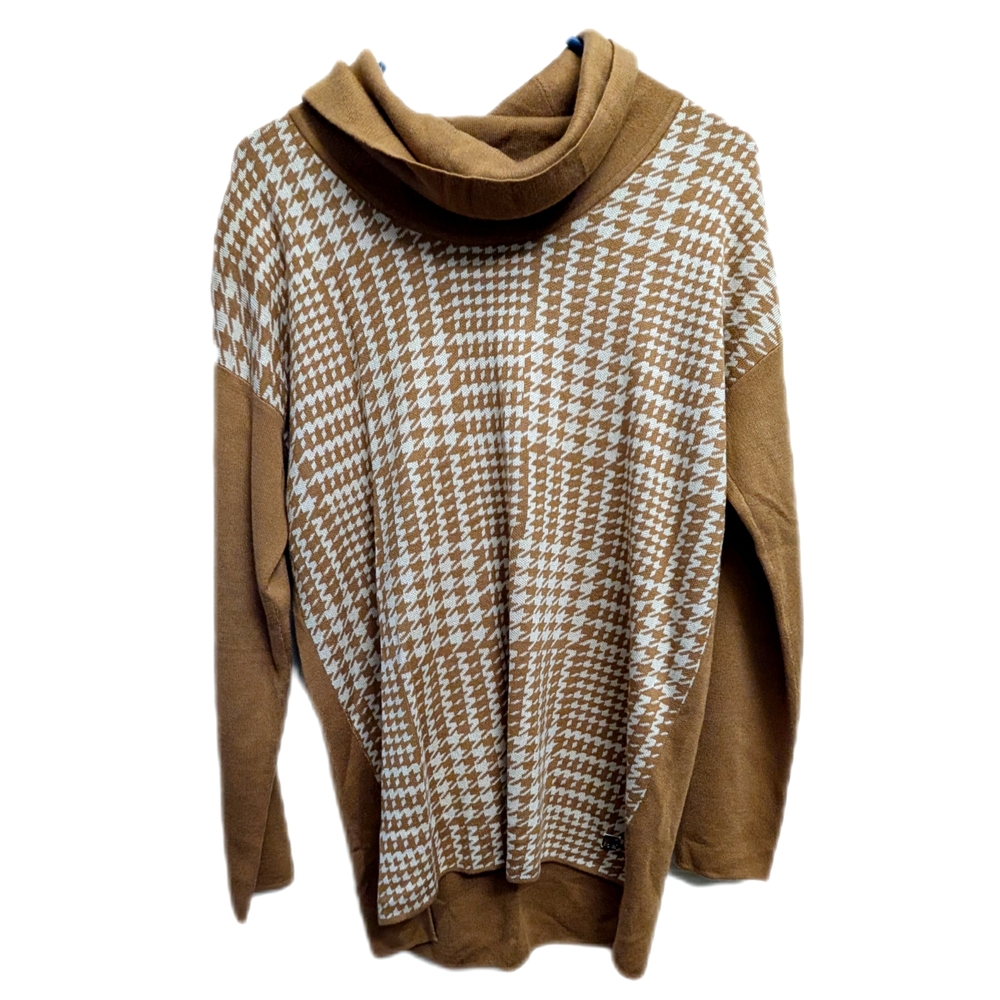Calvin Klein Tan Houndstooth Cowl Neck Sweater